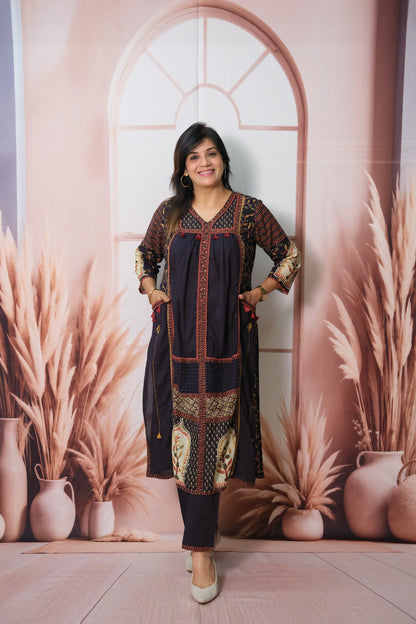 Dark Navy Soft Cotton Kurta Pant Set with Pearl & Sequin Work