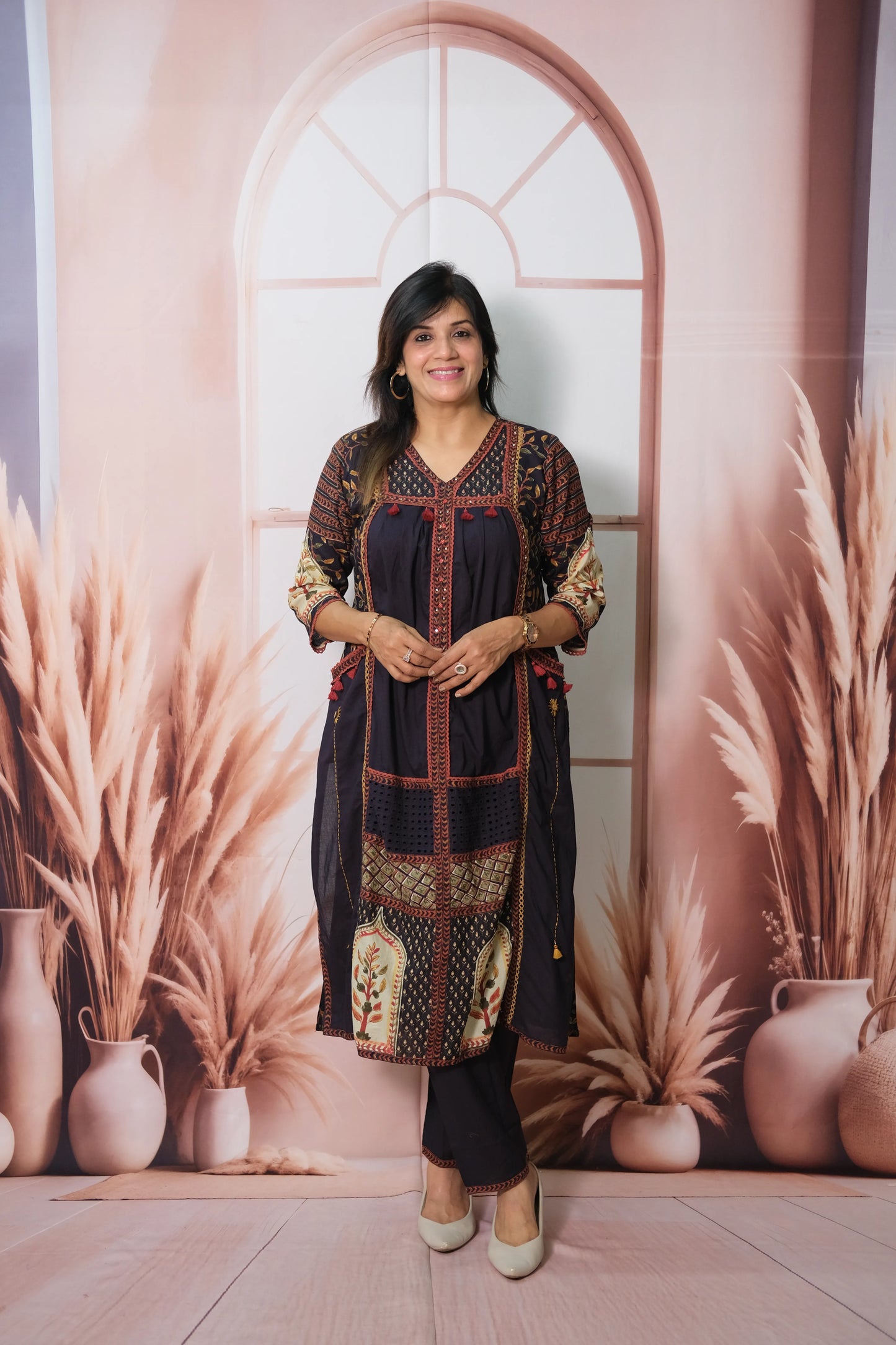 Dark Navy Soft Cotton Kurta Pant Set with Pearl & Sequin Work