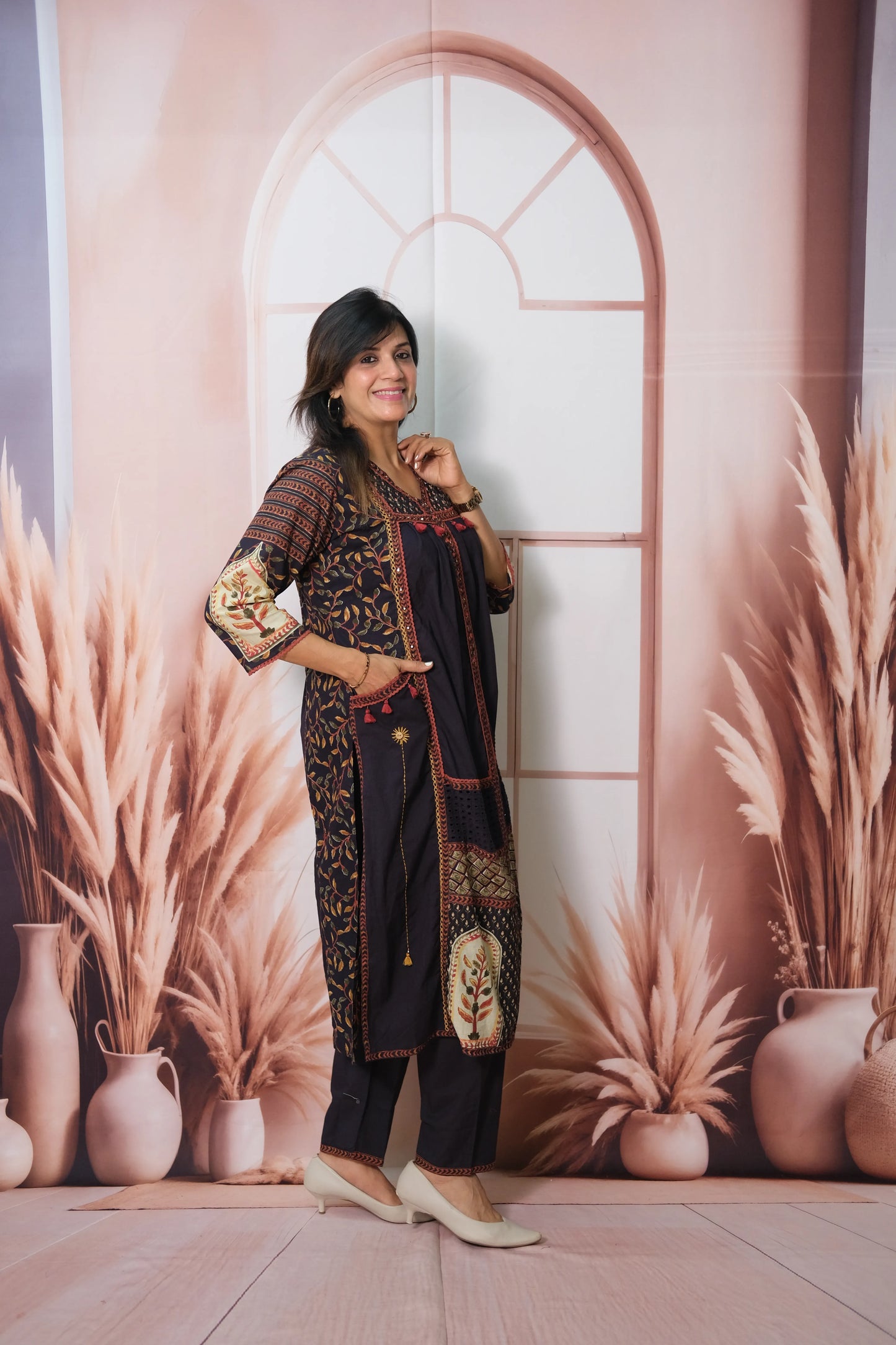 Dark Navy Soft Cotton Kurta Pant Set with Pearl & Sequin Work