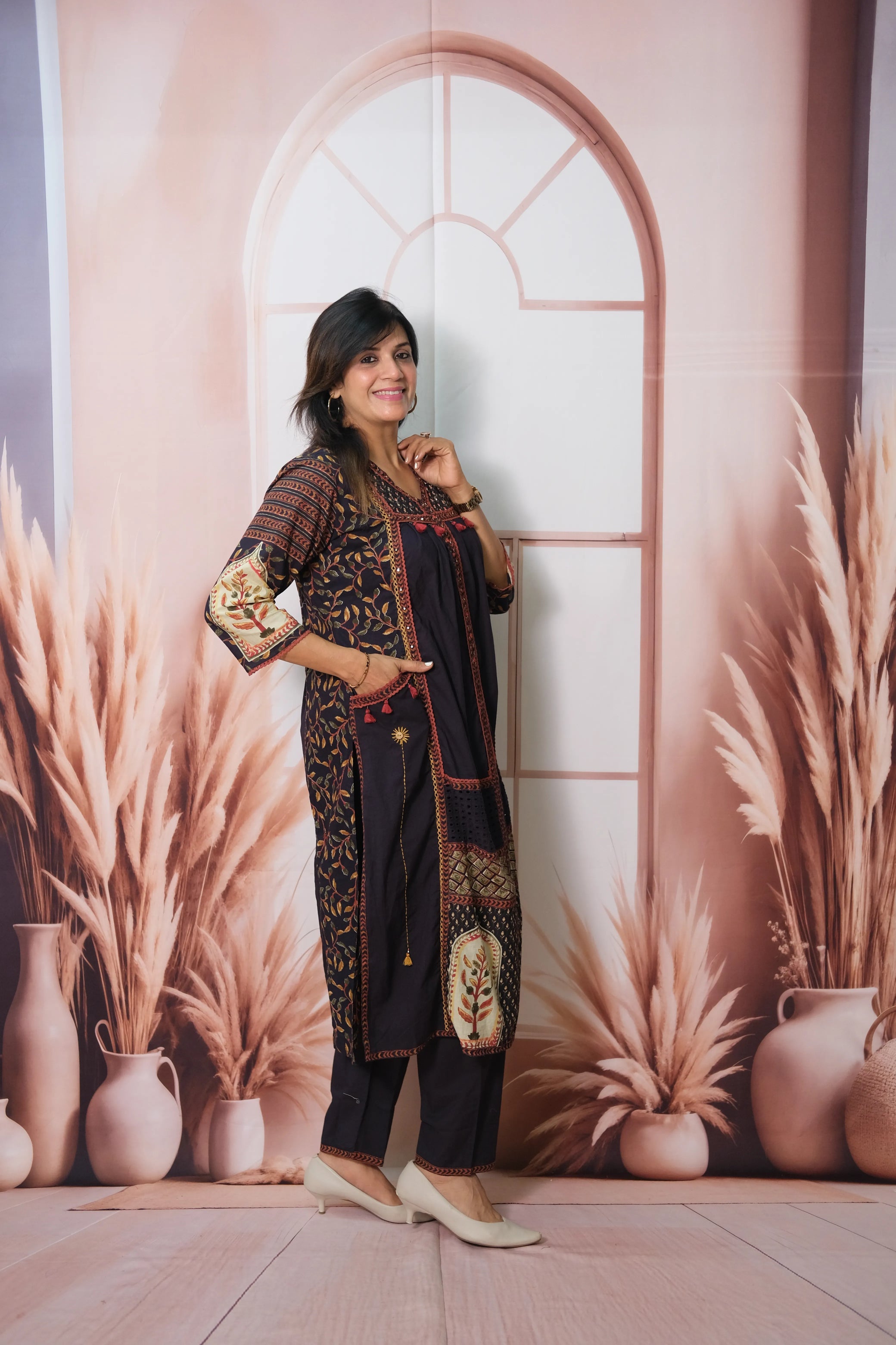 Dark Navy Soft Cotton Kurta Pant Set with Pearl & Sequin Work