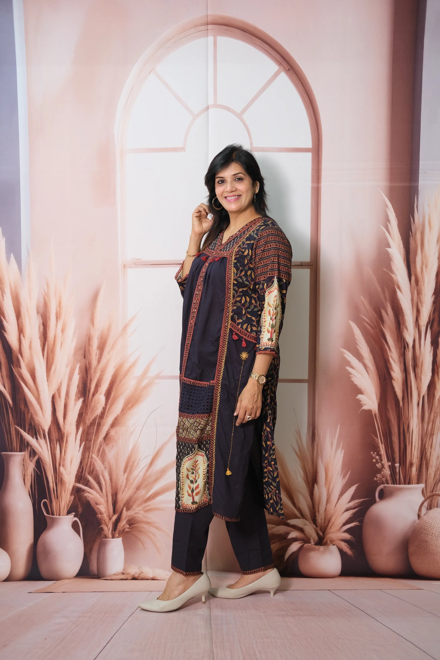 Dark Navy Soft Cotton Kurta Pant Set with Pearl & Sequin Work