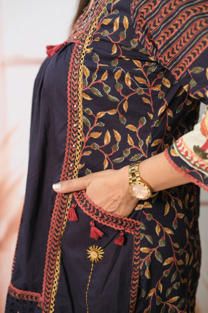 Dark Navy Soft Cotton Kurta Pant Set with Pearl & Sequin Work