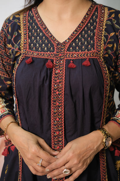 Dark Navy Soft Cotton Kurta Pant Set with Pearl & Sequin Work