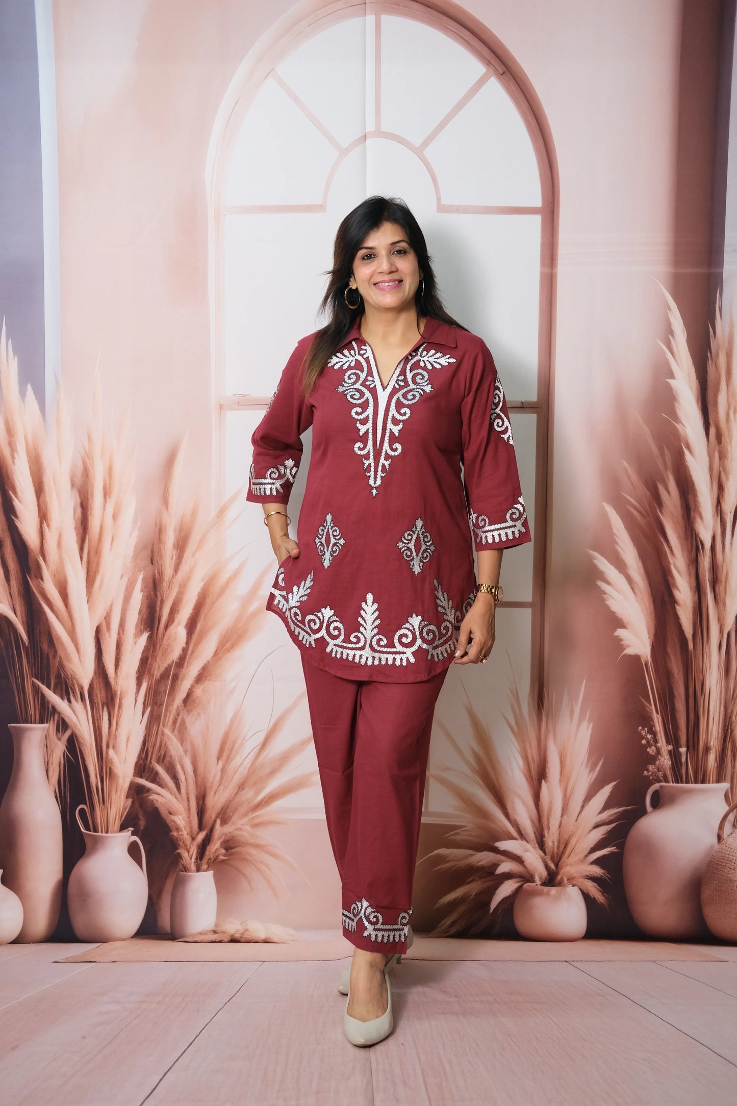 Bordeaux Wine Cotton Co'ord Set with Thread Embroidery
