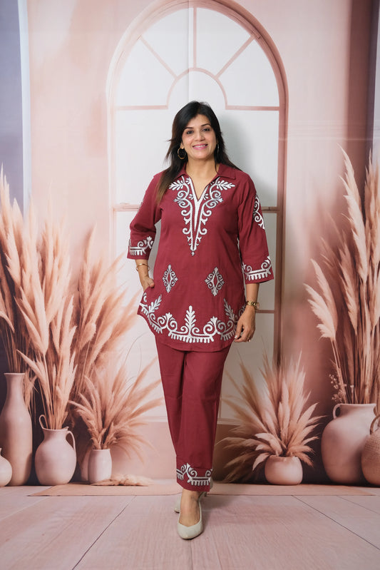 Bordeaux Wine Cotton Co'ord Set with Thread Embroidery