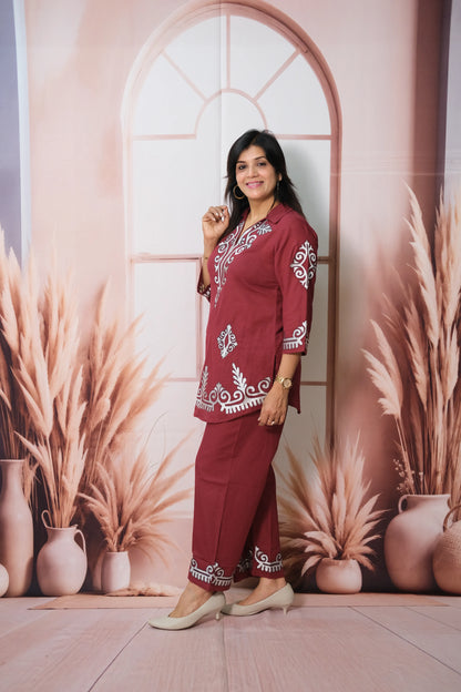 Bordeaux Wine Cotton Co'ord Set with Thread Embroidery