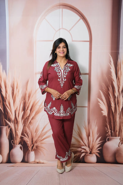 Bordeaux Wine Cotton Co'ord Set with Thread Embroidery