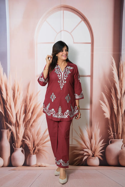 Bordeaux Wine Cotton Co'ord Set with Thread Embroidery