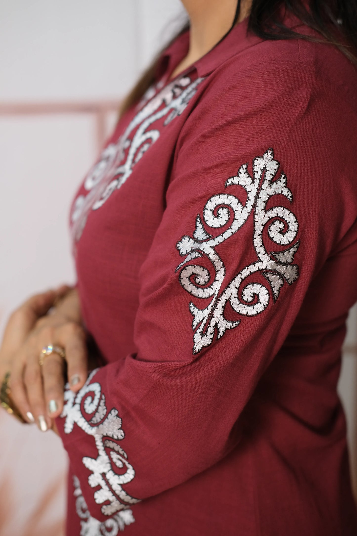 Bordeaux Wine Cotton Co'ord Set with Thread Embroidery