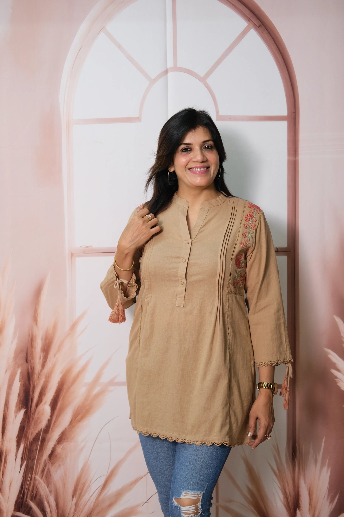 Warm Beige Cotton Short Top with Thread Embroidery