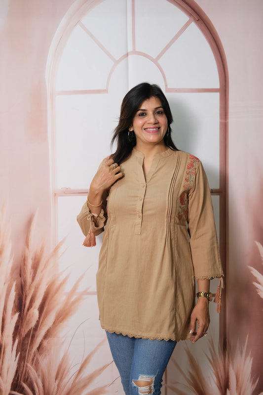 Warm Beige Cotton Short Top with Thread Embroidery