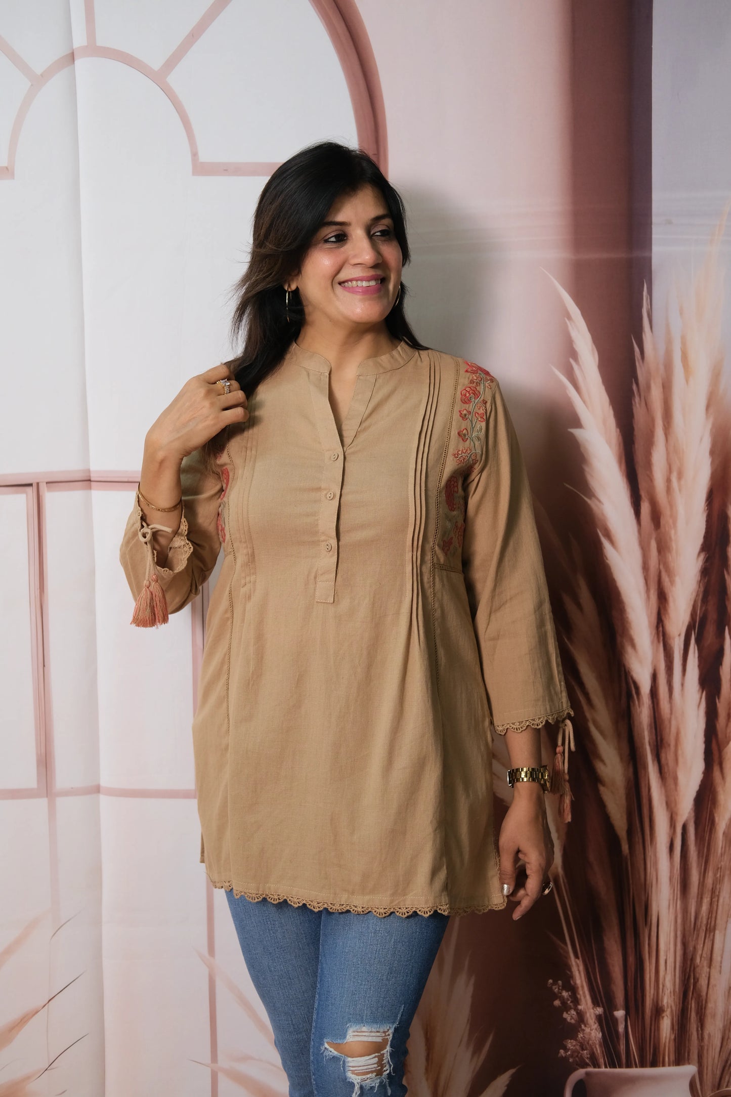 Warm Beige Cotton Short Top with Thread Embroidery