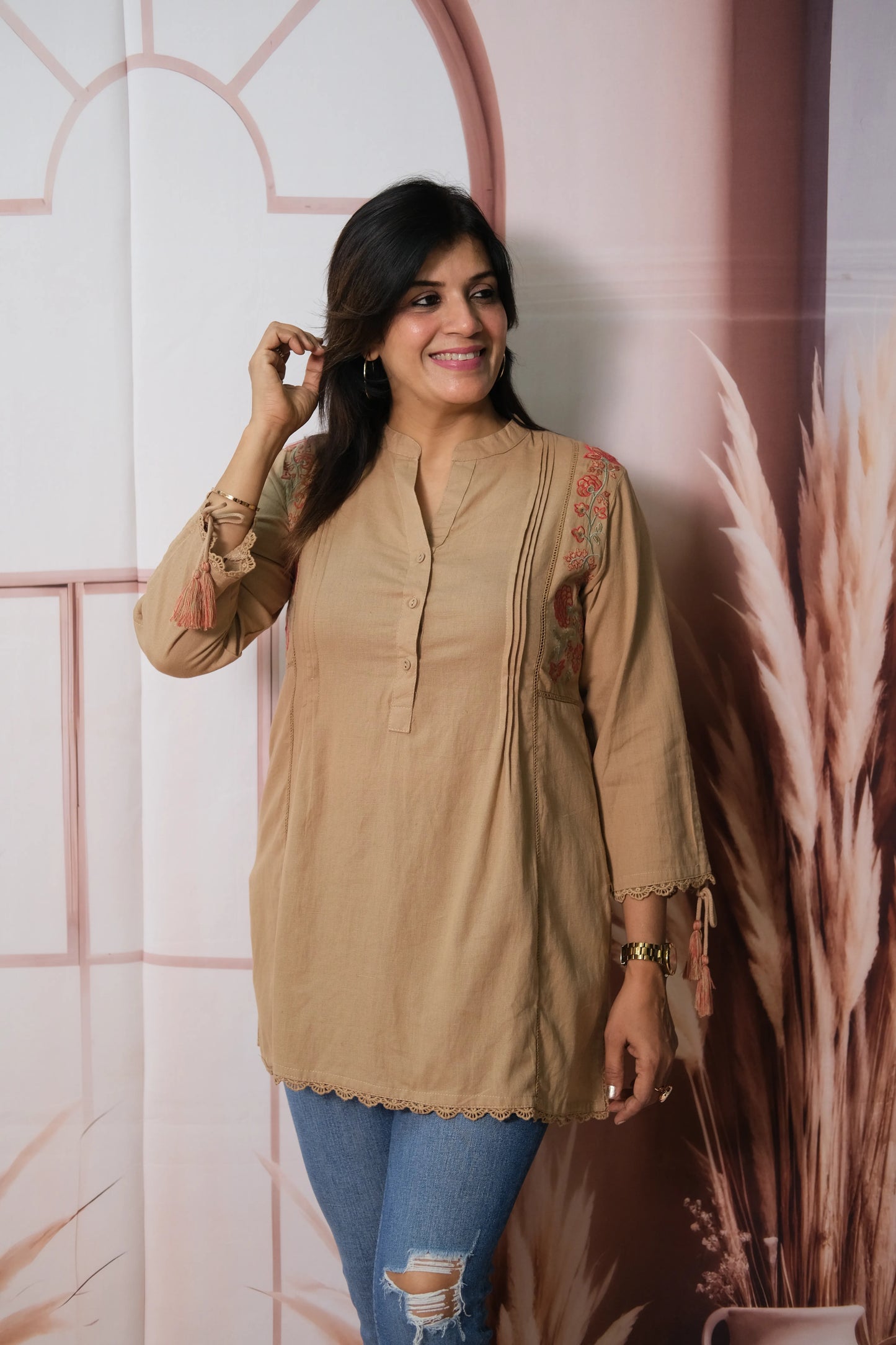 Warm Beige Cotton Short Top with Thread Embroidery