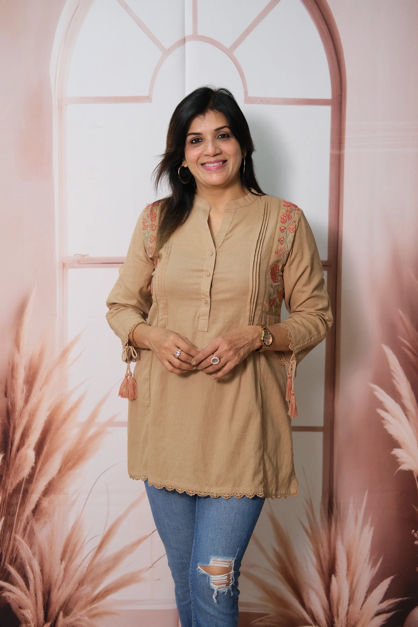 Warm Beige Cotton Short Top with Thread Embroidery