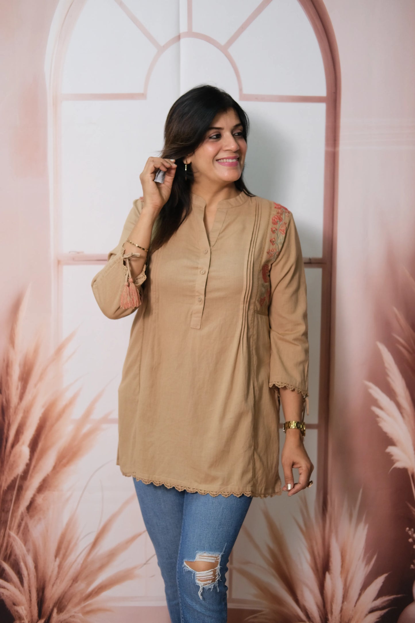 Warm Beige Cotton Short Top with Thread Embroidery