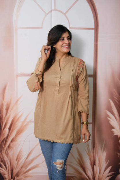 Warm Beige Cotton Short Top with Thread Embroidery