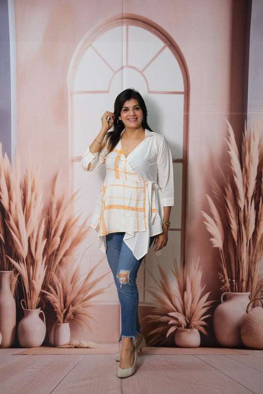 White Pure Cotton Angrakha Style Wrap Top