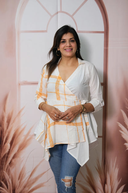 White Pure Cotton Angrakha Style Wrap Top