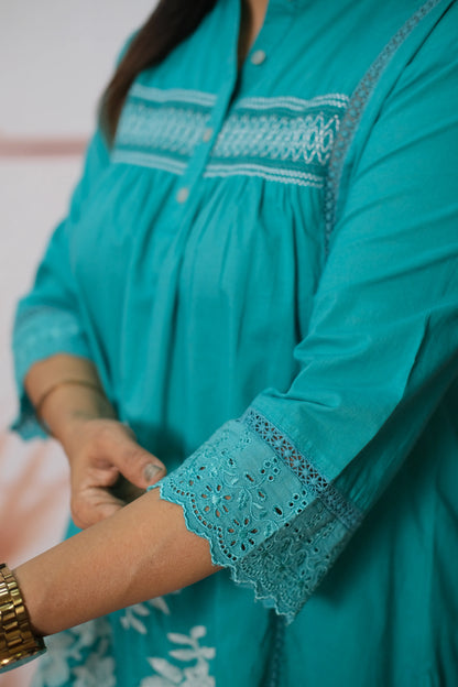 Peacock Blue Smoky Soft Cotton Short Top with Thread Embroidery