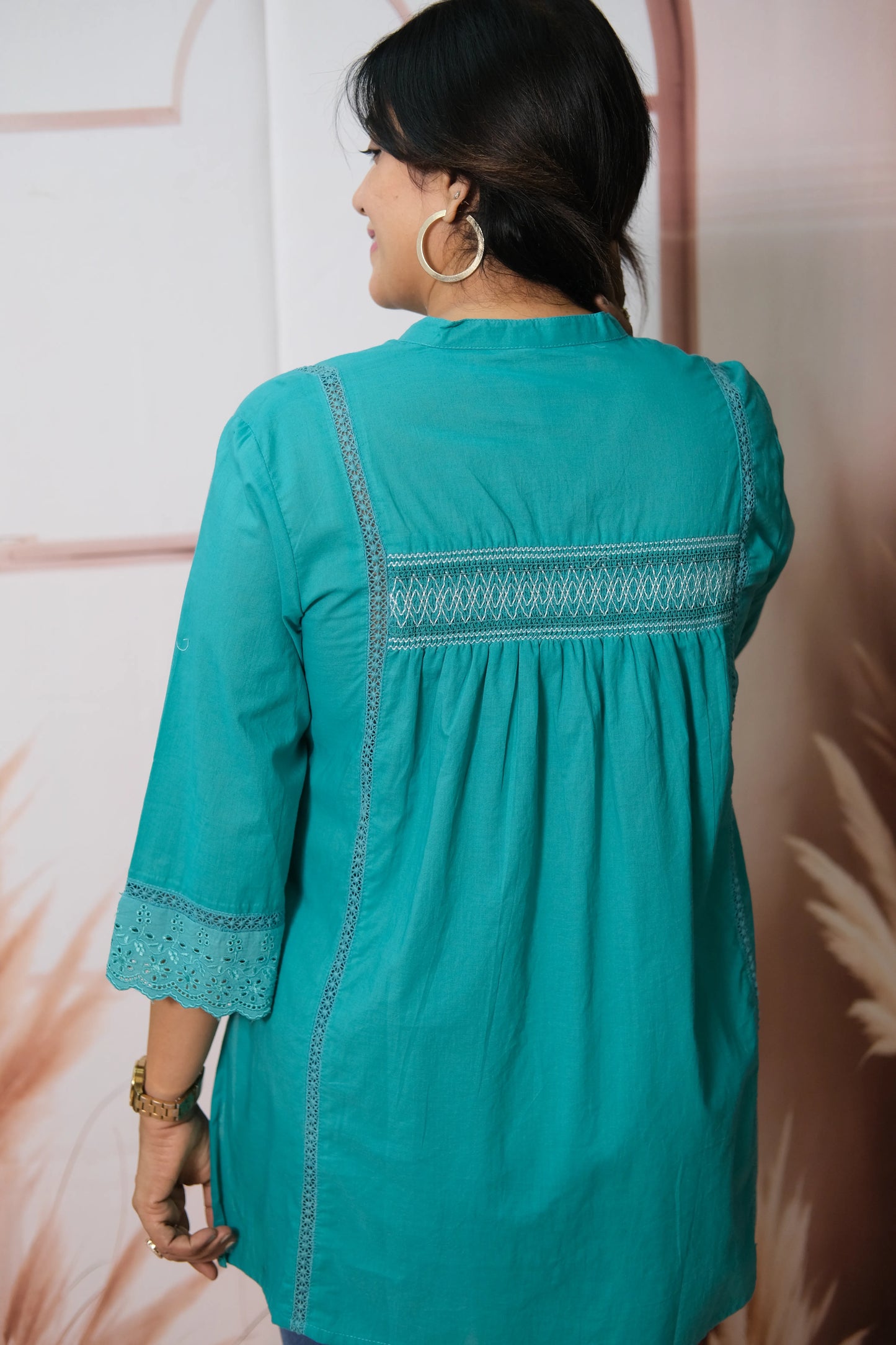 Peacock Blue Smoky Soft Cotton Short Top with Thread Embroidery