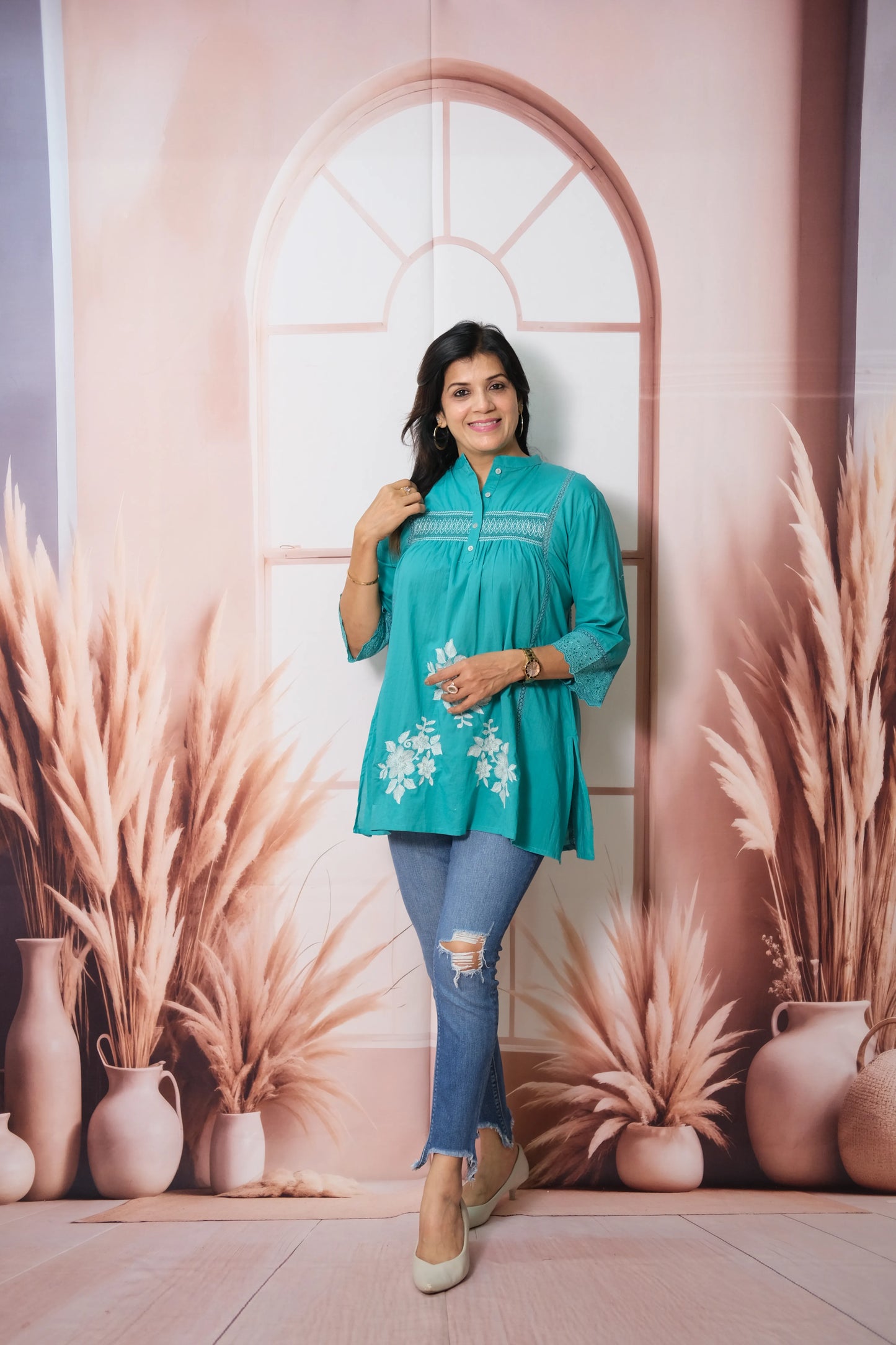 Peacock Blue Smoky Soft Cotton Short Top with Thread Embroidery