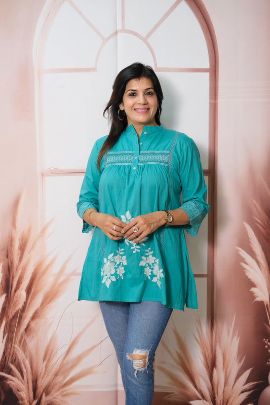 Peacock Blue Smoky Soft Cotton Short Top with Thread Embroidery