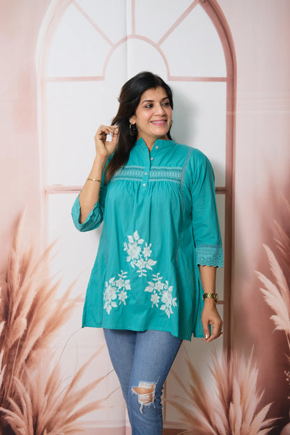 Peacock Blue Smoky Soft Cotton Short Top with Thread Embroidery