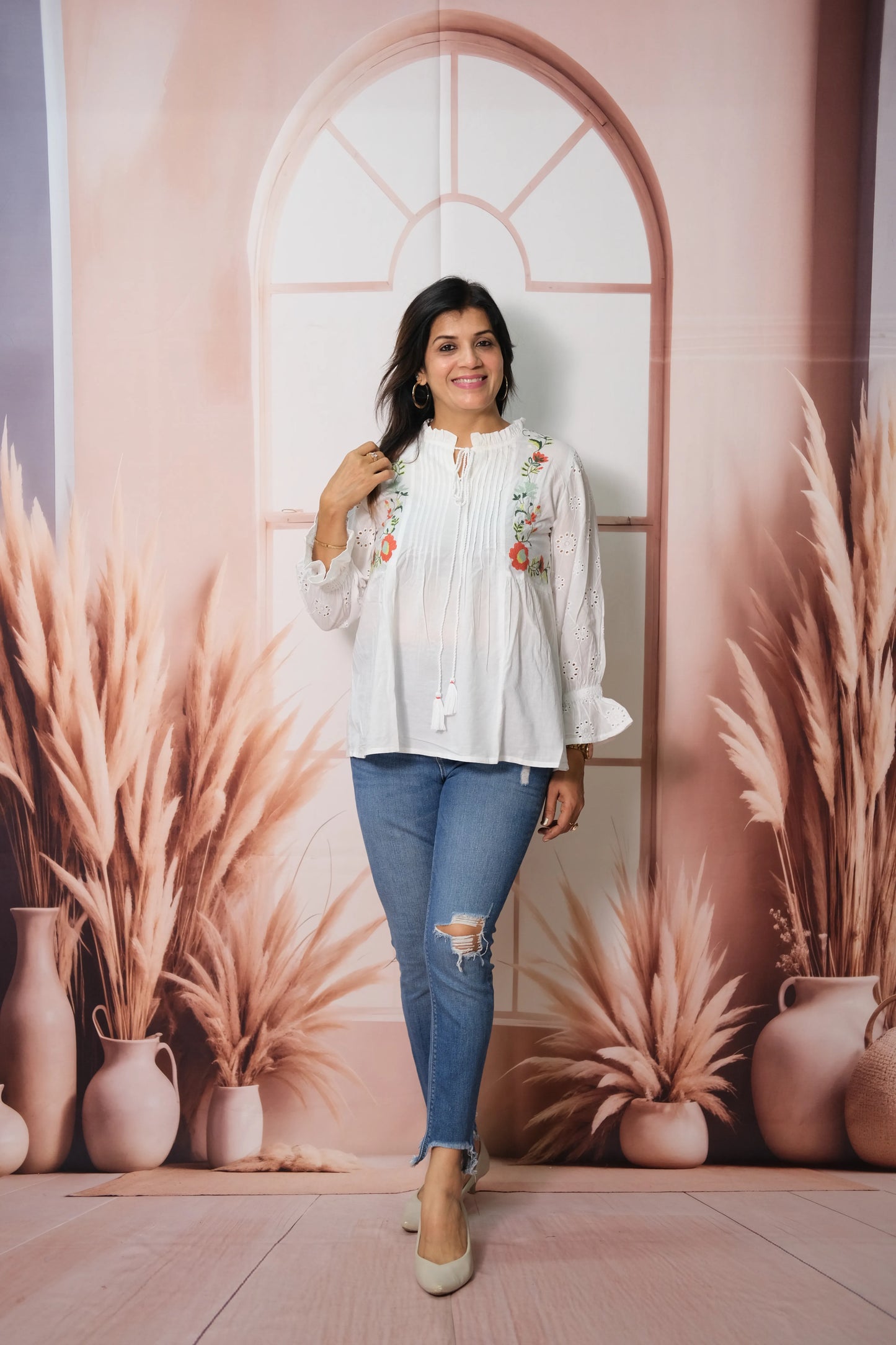 White Soft Cotton Pintex Short Top with Thread Embroidery