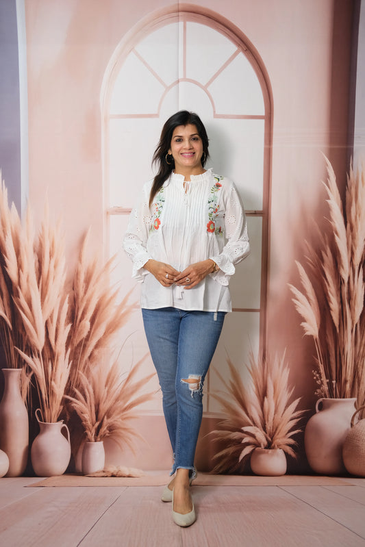 White Soft Cotton Pintex Short Top with Thread Embroidery