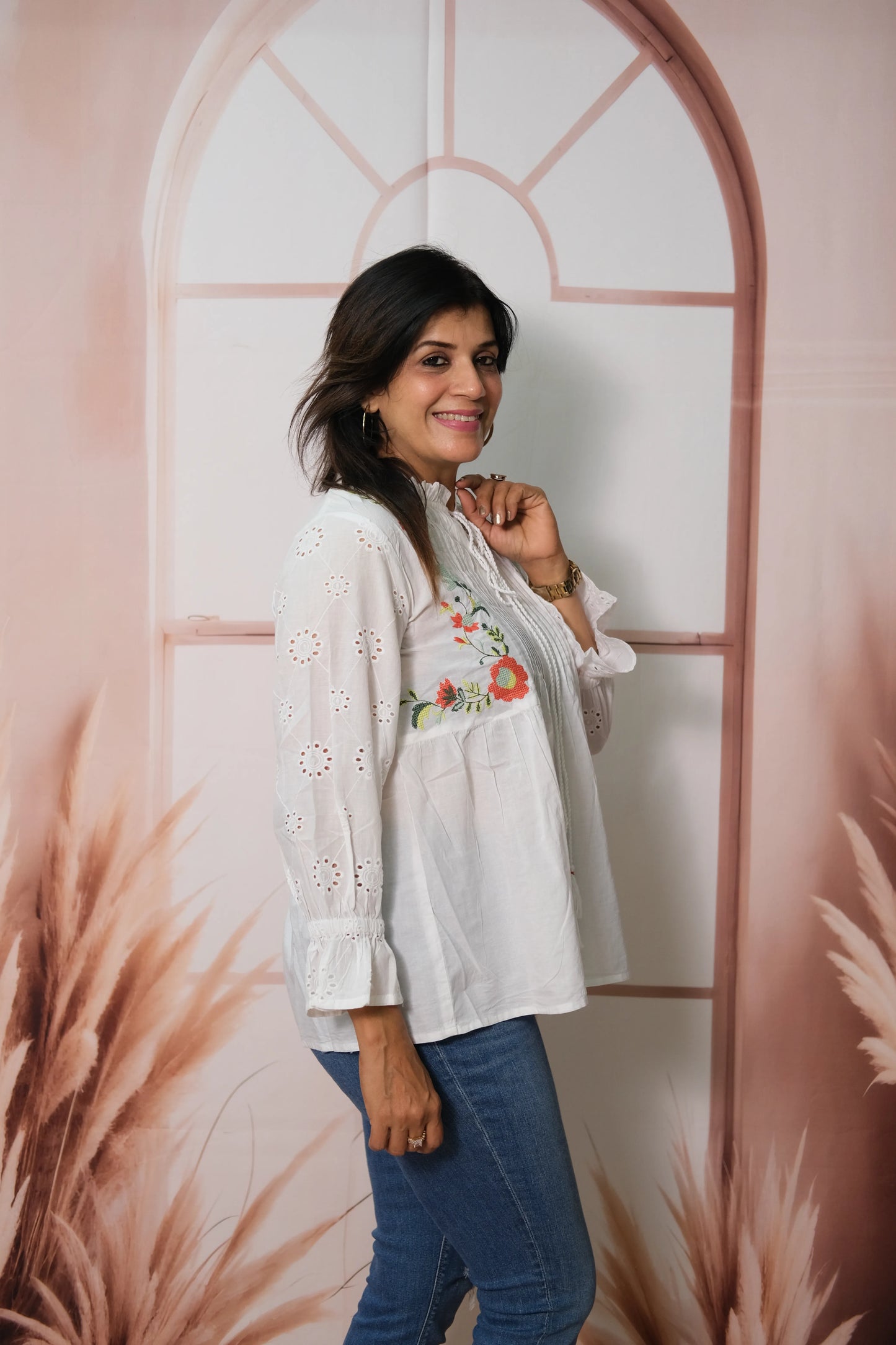 White Soft Cotton Pintex Short Top with Thread Embroidery