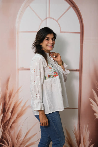 White Soft Cotton Pintex Short Top with Thread Embroidery
