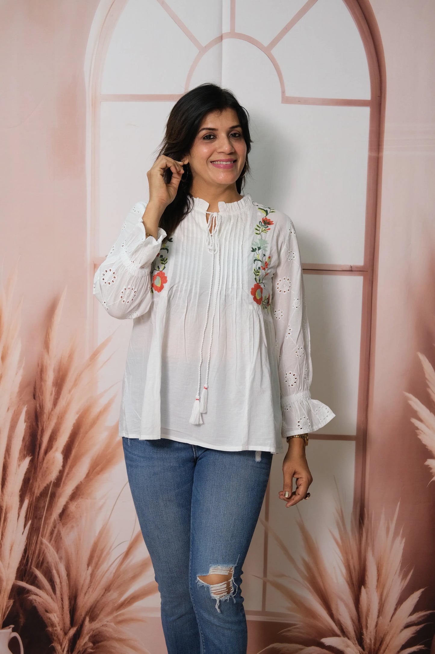 White Soft Cotton Pintex Short Top with Thread Embroidery