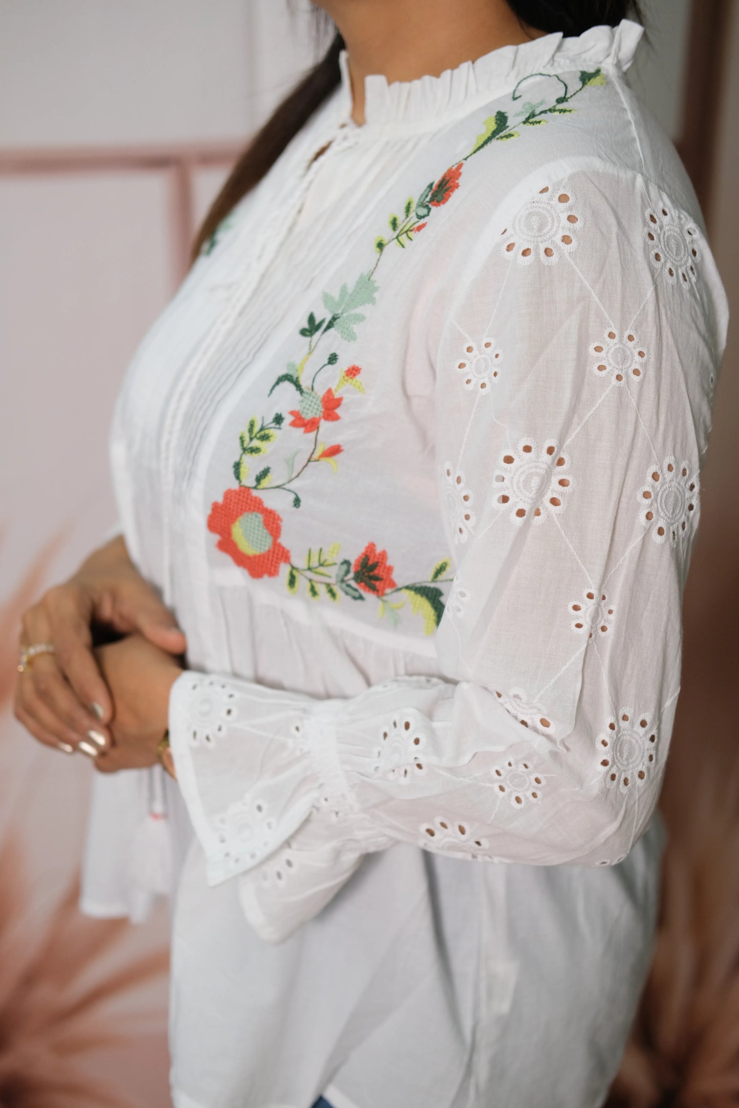 White Soft Cotton Pintex Short Top with Thread Embroidery
