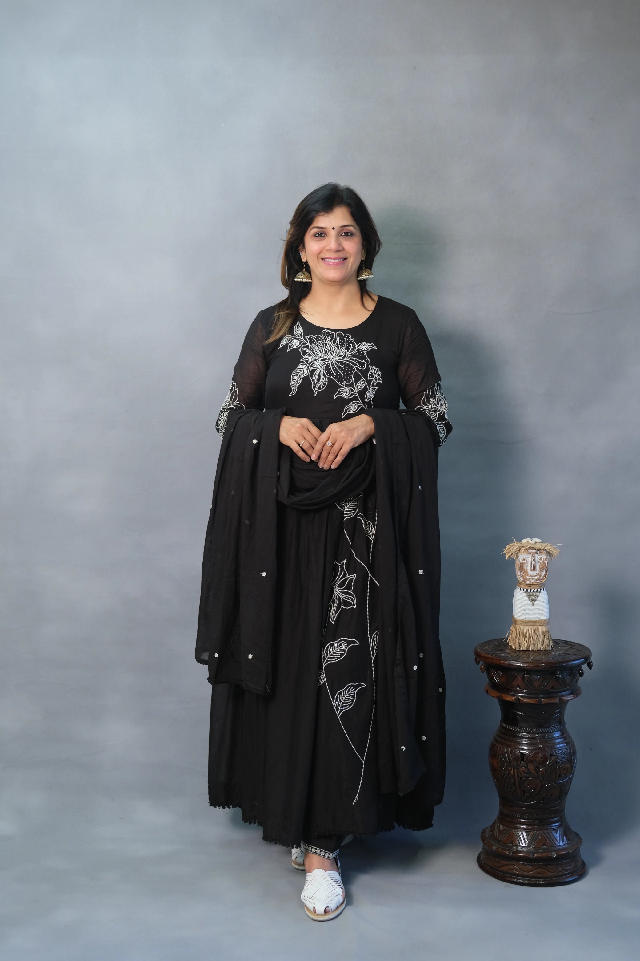 Black Anarkali with Thread Work & Inner | Mul Cotton