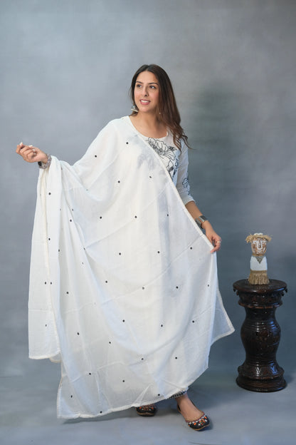 White Anarkali with Thread Work & Inner | Mul Cotton