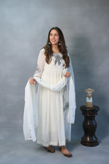 White Anarkali with Thread Work & Inner | Mul Cotton