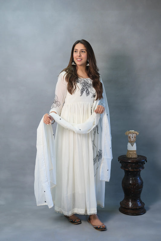 White Anarkali with Thread Work & Inner | Mul Cotton