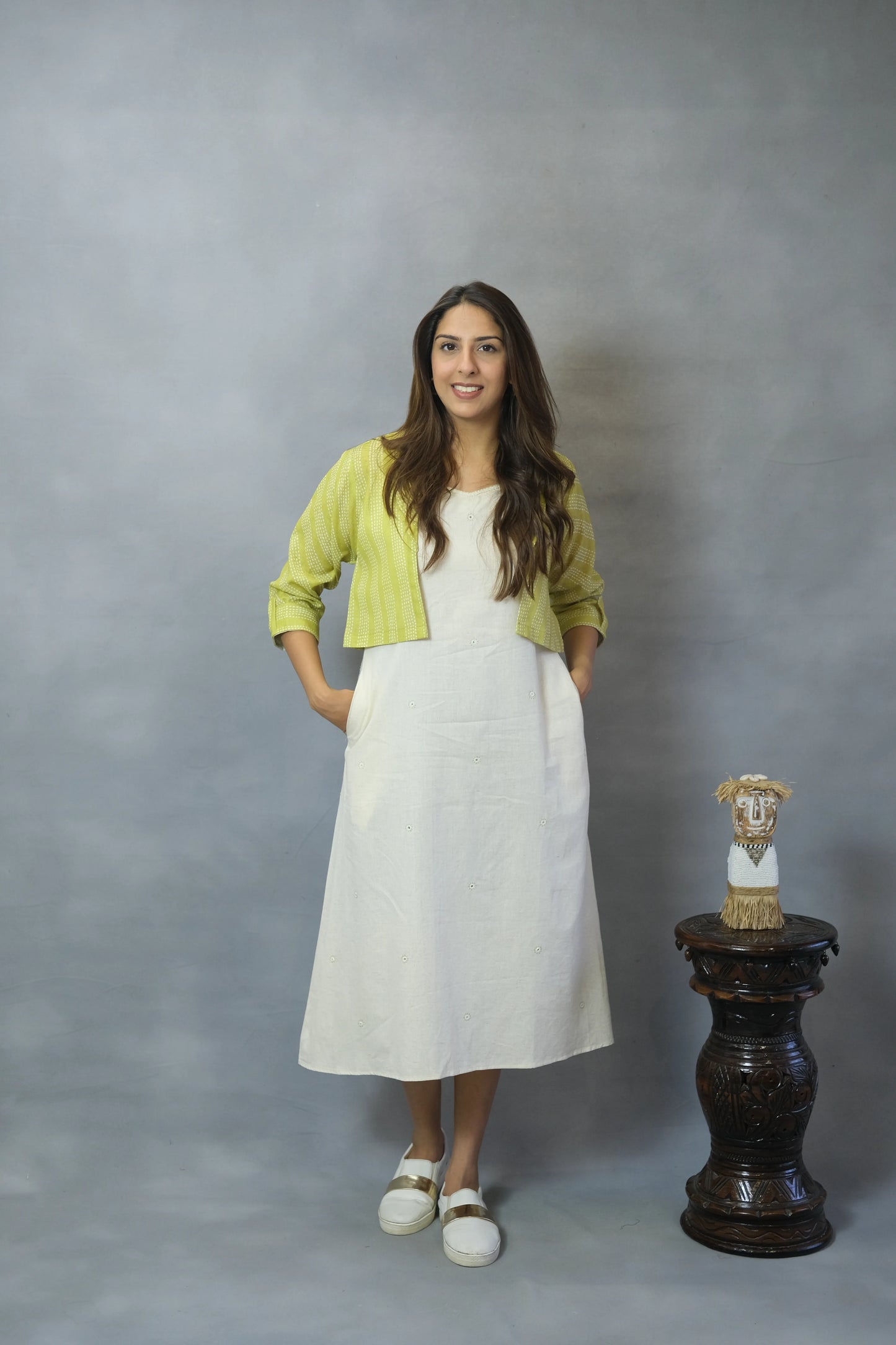White One Piece with Lemon Green Shrug | Flex Cotton