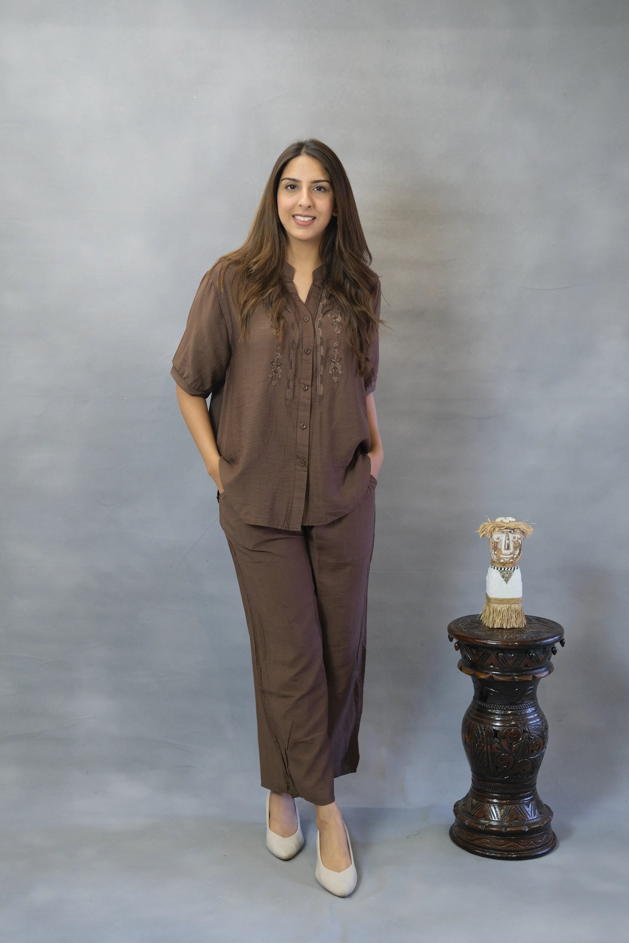Coffee Brown Embroidered Co-ord Set | Remi Silk