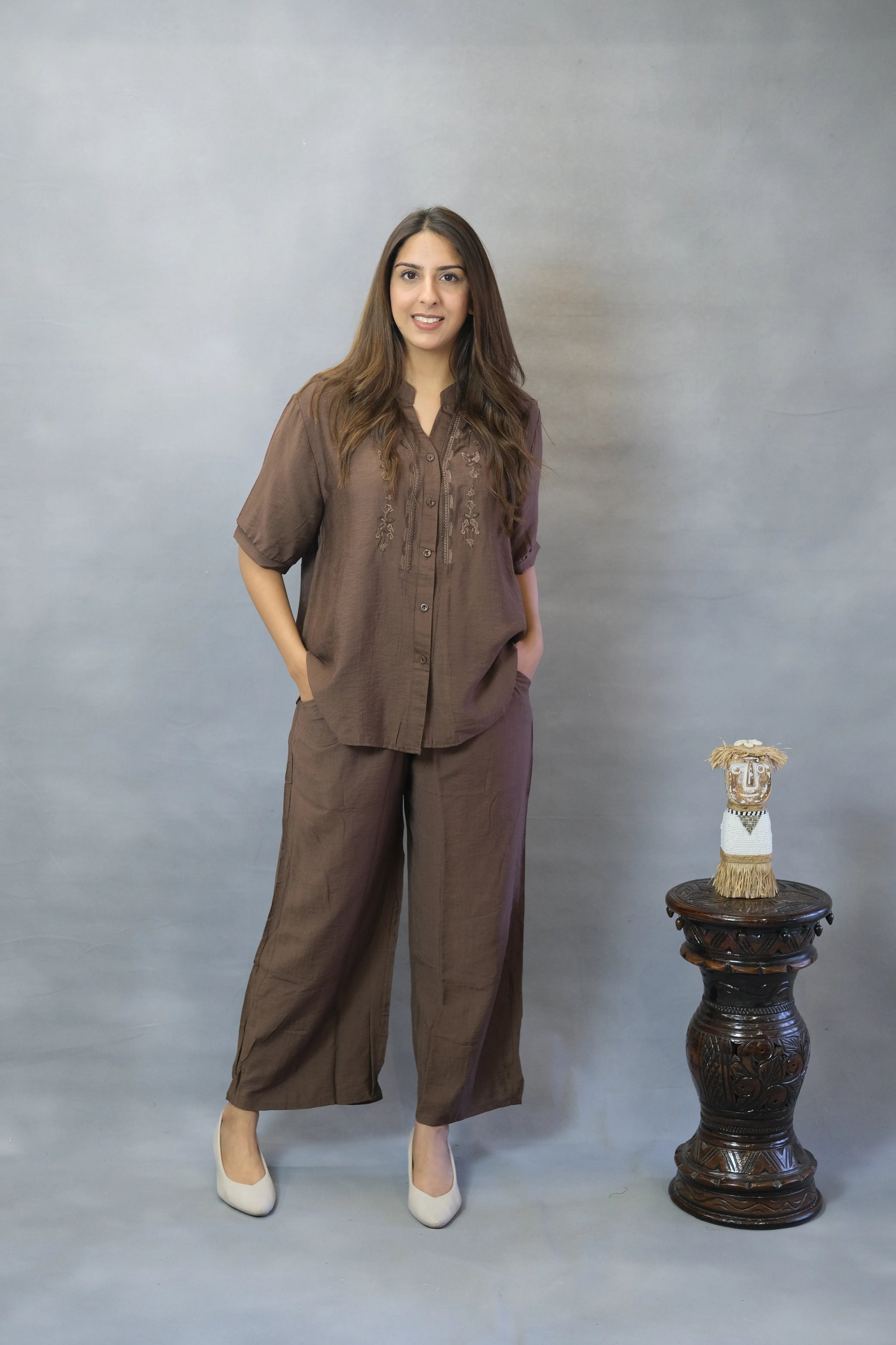Coffee Brown Embroidered Co-ord Set | Remi Silk