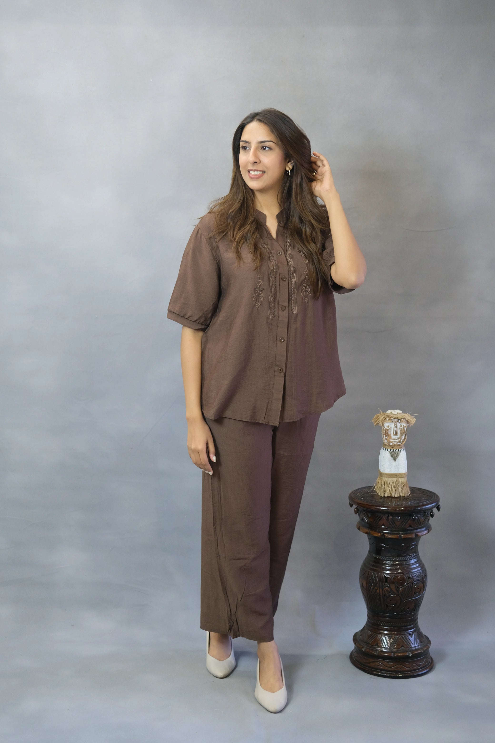 Coffee Brown Embroidered Co-ord Set | Remi Silk