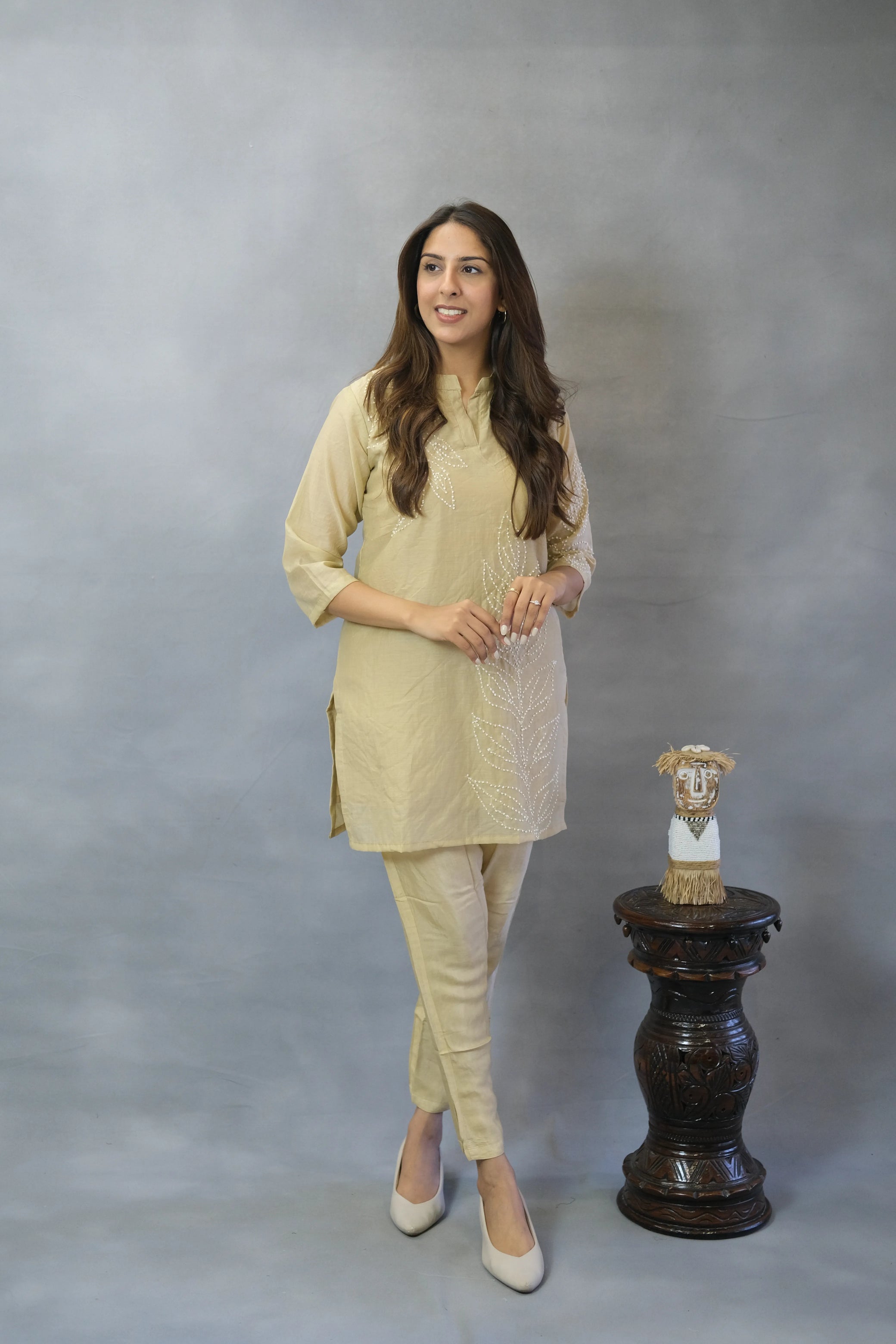 Beige Thread Work Co-ord Set | Mul Chanderi Fabric