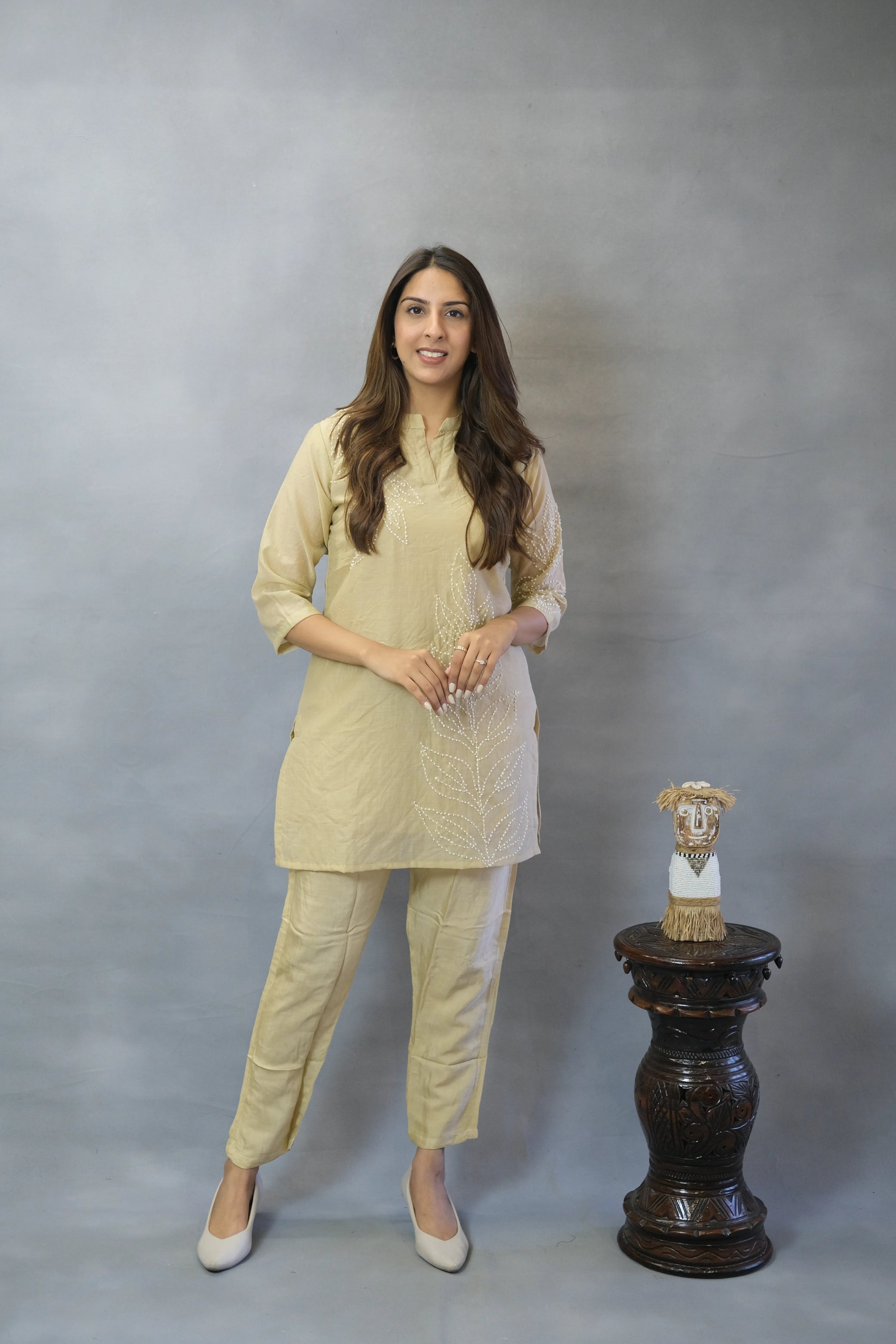 Beige Thread Work Co-ord Set | Mul Chanderi Fabric