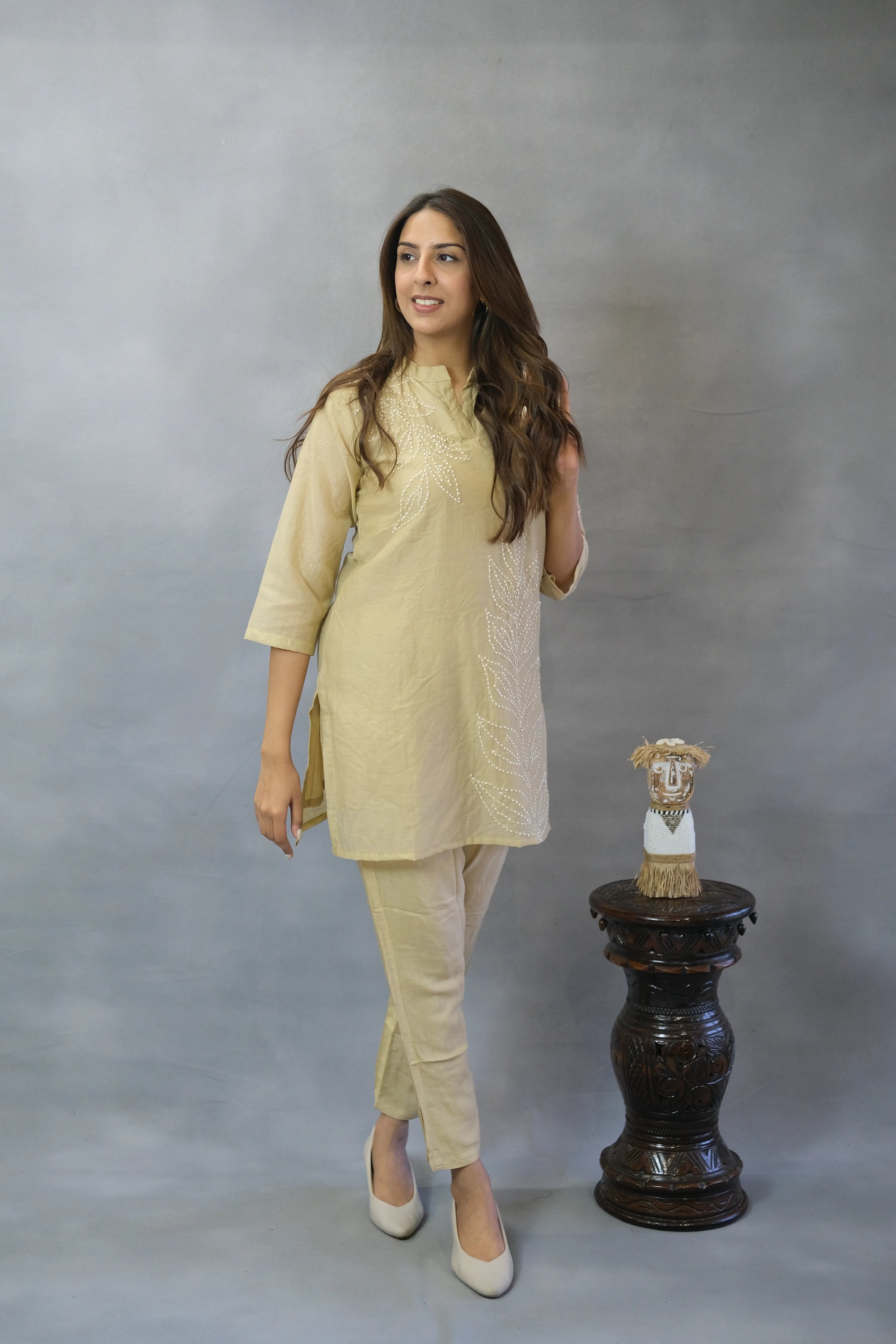 Beige Thread Work Co-ord Set | Mul Chanderi Fabric