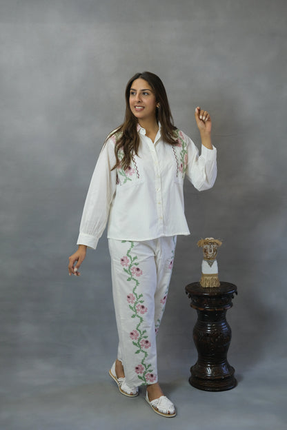 White Floral Embroidered Co-ord Set | Soft Cotton
