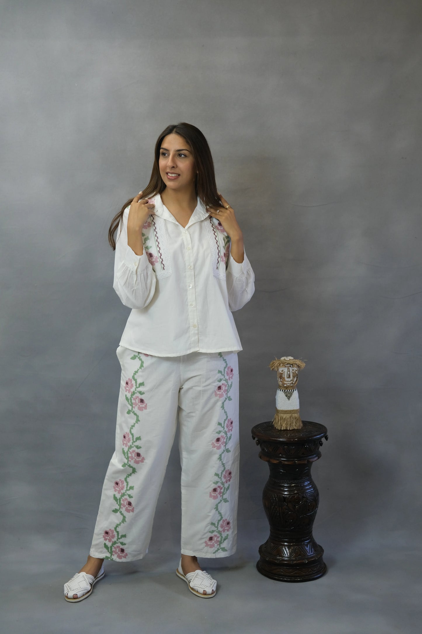 White Floral Embroidered Co-ord Set | Soft Cotton