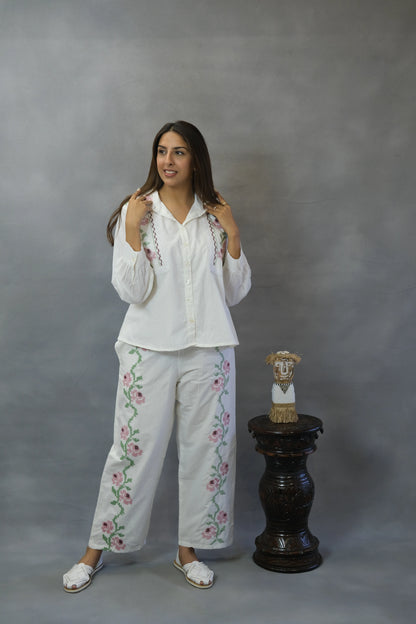 White Floral Embroidered Co-ord Set | Soft Cotton