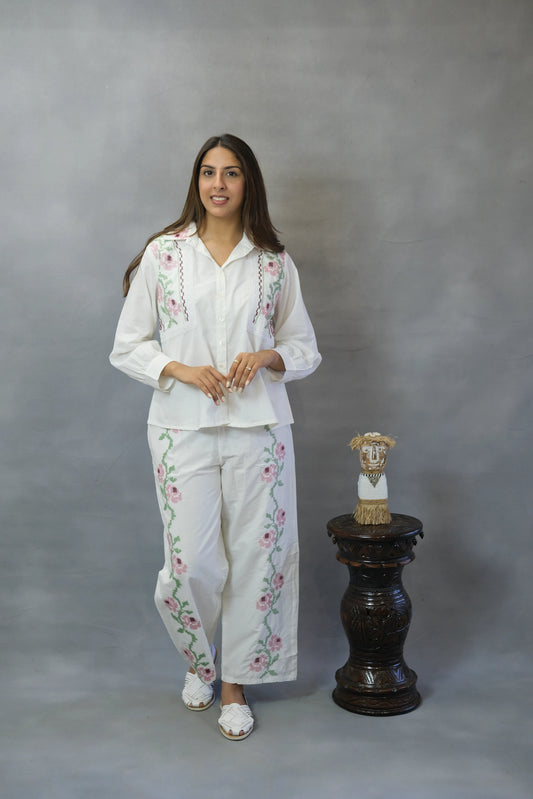 White Floral Embroidered Co-ord Set | Soft Cotton