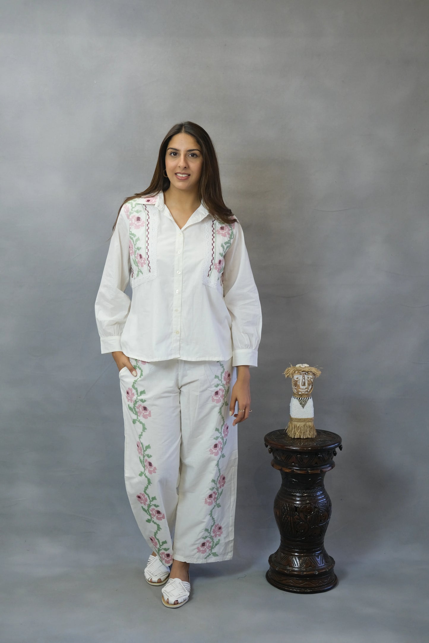 White Floral Embroidered Co-ord Set | Soft Cotton