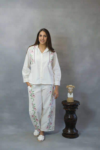 White Floral Embroidered Co-ord Set | Soft Cotton